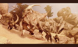  3_fingers 3d_(artwork) angry austroraptor brown_theme claws desert digital_media_(artwork) dinosaur dromaeosaurid extinct feathered_dinosaur feathered_scalie feathers feral fingers group hadrosaurid hi_res hunting letterbox ornithischian ornithopod pounce prehistoric_species reptile roaring rock running sand scalie scared shantungosaurus source_request tan_theme teeth the_isle theropod unknown_artist warm_colors wings 