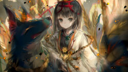  black_eyes blurry brown_hair female hair_ribbon hanchan jewelry looking_at_viewer miketsu_(onmyoji) necklace onmyoji red_ribbon ribbon short_hair wheat wolf 