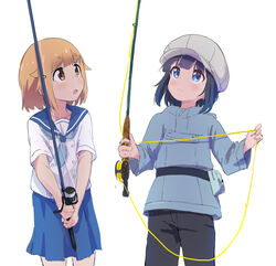  2girls :o belt belt_pouch black_hair black_pants blonde_hair blue_eyes blue_jacket blue_skirt blush brown_eyes cabbie_hat casual cowboy_shot crossover fishing fishing_line fishing_rod fly_reel hat houkago_teibou_nisshi jacket minagi_hiyori multiple_girls murairamuraiari pants pouch reel school_uniform serafuku simple_background skirt slow_loop spinning_reel trait_connection tsurugi_hina white_background white_headwear 