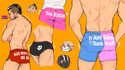  2boys :p armpit_hair armpit_hair_peek ass ass_focus back bara beard_stubble bisexual_flag blonde_hair blush call_of_duty call_of_duty:_modern_warfare_2 captoraart chibi chibi_inset close-up clothes_writing covering_face dolphin_shorts english_text facial_hair feet_out_of_frame from_behind fuck-me_clothes ghost_(modern_warfare_2) heart highres leg_hair male_focus male_underwear mature_male motion_lines multiple_boys muscular muscular_male mustache_stubble notice_lines orange_background pants pink_pants print_male_underwear red_shorts scar scar_on_leg short_hair shorts shy sideburns skull_print soap_(modern_warfare_2) stubble thick_thighs thighs tongue tongue_out topless_male underwear yaoi 