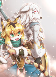  2019 anthro blonde_hair borzoi canid canine canis clothed clothing cute_fangs cygames domestic_dog duo felid female fingers fur green_eyes hair helga_(world_flipper) hi_res holding_object holding_weapon horokusa0519 hunting_dog inner_ear_fluff kemono mammal mia_(world_flipper) open_mouth pantherine scarf sighthound staff standing stripes tiger tuft weapon white_body white_fur white_hair world_flipper yellow_body yellow_eyes yellow_fur 