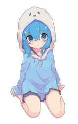  aoi_tori barefoot blue_dress blush closed_mouth commentary_request drawstring dress female full_body hair_between_eyes highres hood hood_up hooded_dress long_sleeves looking_at_viewer original shadow sitting sleeves_past_wrists solo teru-chan_(aoi_tori) wariza white_background 