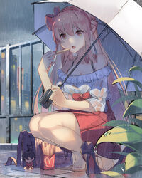  bag bare_shoulders barefoot blonde_hair dress eating female fern food french_fries hair_between_eyes hair_ribbon handbag highres holding holding_umbrella long_hair mcdonald&#039;s open_mouth original rain red_dress red_ribbon ribbon stuffed_toy umbrella vierzeck yellow_eyes 