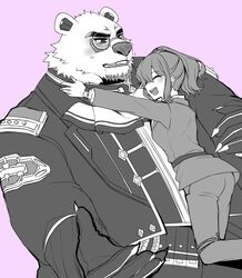  anthro bear beard blush borealis_(live_a_hero) duo embarrassed facial_hair facial_markings female female_operator hair head_markings hi_res hug human lifewonders live_a_hero male mammal markings polar_bear ponytail protagonist_(live_a_hero) ursine zura_000 