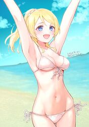  armpits arms_up ass_visible_through_thighs ayase_eli bad_id bad_twitter_id bangs beach bikini blonde_hair blue_eyes blue_sky breasts commentary cowboy_shot day dutch_angle female front-tie_bikini front-tie_top groin hair_ornament hair_scrunchie highres horizon looking_to_the_side love_live! love_live!_school_idol_project medium_breasts medium_hair miyamae_porin navel ocean open_mouth outdoors ponytail scrunchie side-tie_bikini sky smile solo standing swimsuit thigh_gap twitter_username white_bikini white_scrunchie 