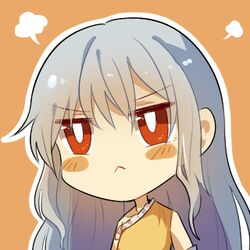  :&lt; blue_sleeves blush blush_stickers bright_pupils closed_mouth detached_sleeves dress female hair_between_eyes keiko_(emoticon) long_hair lowres orange_background red_eyes sakata_nemuno simple_background single-shoulder_dress solo touhou upper_body wavy_hair white_hair white_pupils yellow_dress 