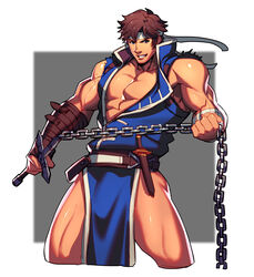  1boy abs bandages bara bare_pectorals belt blue_eyes brown_hair bulge castlevania_(series) chains cropped_legs facial_hair headband highres holding holding_weapon jacket large_pectorals lvlv male_focus muscular muscular_male open_clothes open_jacket pectorals pelvic_curtain richter_belmont short_hair sideburns sleeveless solo stubble thick_thighs thighs torn_clothes weapon whip 