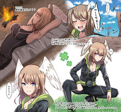  armpits arms_behind_head blue_eyes bodysuit breast_tattoo breasts brown_hair campfire clover damage_numbers eunie_(xenoblade) falling female four-leaf_clover gameplay_mechanics head_wings highres hood hooded_jacket jacket jumping mebi_il medium_breasts multiple_views pain sleeping smile squatting tattoo wings xenoblade_chronicles_(series) xenoblade_chronicles_3 