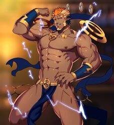  1boy abs bara bare_pectorals blonde_hair blue_hair blurry blurry_background bulge dark_blue_hair facial_hair flexing floating floating_object goatee gyee hand_on_own_hip large_pectorals lightning long_sideburns lvlv male_focus multicolored_hair muscular muscular_male navel nipples orange_eyes pectorals pelvic_curtain pointy_ears pose raikoh_(paradiso_guardian) revealing_clothes short_hair sideburns smile solo thick_thighs thighs veins 