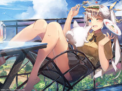  animal animal_ears bare_legs blue_eyes blue_sky chair cloud falling female food hair_ribbon highres nail_polish one_eye_closed original pleated_skirt ribbon sandwich shirt skirt sky table tail twintails vierzeck white_hair yellow_ribbon yellow_shirt 