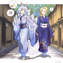  2girls ? absurdres alcohol animal_ear_fluff animal_ears architecture artist_name azur_lane blonde_hair blue_eyes blue_kimono city commentary_request cup dango east_asian_architecture food fox_ears fox_tail full_body geta green_tea highres hood_(azur_lane) hood_(porcelain_grace)_(azur_lane) japanese_clothes kaga_(azur_lane) kaga_(gentle_blossom&#039;s_sigh)_(azur_lane) kimono kitsune kyuubi long_sleeves looking_at_another madakov_kodima multiple_girls multiple_tails obi obiage obijime official_alternate_costume pigeon-toed plate sake sanshoku_dango sash saucer short_hair signature speech_bubble spoken_question_mark swept_bangs tabi tail tea thinking thought_bubble tokkuri wagashi walking white_hair wide_sleeves yunomi 