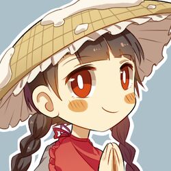  ajirogasa black_hair blush blush_stickers braid bright_pupils capelet closed_mouth dress female grey_background grey_dress hat keiko_(emoticon) long_hair lowres portrait red_capelet red_eyes simple_background smile solo touhou twin_braids white_pupils yatadera_narumi 