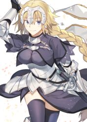  armor armored_dress blonde_hair breasts fate/apocrypha fate_(series) female gloves hair_between_eyes headpiece highres jeanne_d&#039;arc_(fate) jeanne_d&#039;arc_(ruler)_(fate) large_breasts long_hair looking_at_viewer nikame over_shoulder polearm purple_eyes purple_thighhighs smile solo standard_bearer sword sword_over_shoulder thighhighs thighs weapon weapon_over_shoulder white_background 