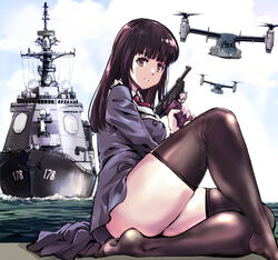  aircraft ass black_thighhighs brown_eyes brown_hair destroyer female from_side gun handgun helicopter hime_cut holding holding_gun holding_weapon js_ashigara kamisimo_90 looking_at_viewer military military_vehicle necktie original red_necktie ship sitting skirt smile solo thighhighs thighs tiltrotor uniform v-22_osprey walther walther_p38 warship water watercraft weapon 