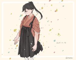  black_hair black_ribbon blush commentary_request dated female hair_between_eyes hair_ribbon hakama houshou_(kancolle) japanese_clothes kantai_collection kimono kokko_(014kko) long_hair pantyhose pink_kimono ponytail ribbon simple_background smile solo tasuki twitter_username white_pantyhose 