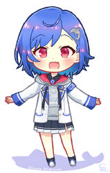  black_shirt blazer blue_hair blue_necktie character_name chibi collared_shirt dolphin_hair_ornament female full_body grey_hoodie highres hood hoodie jacket kowakawa_kaeru necktie nijisanji nishizono_chigusa nishizono_chigusa_(1st_costume) oerba_yun_fang open_hands open_mouth red_eyes school_uniform selene_girls_school_uniform shadow shirt short_hair skin_fang smile solo virtual_youtuber white_background white_jacket 