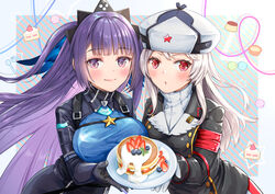  2girls akasaka_asa ash_arms b-24_liberator_(ash_arms) blush breasts cake commentary_request food fruit gloves hair_ornament hat highres kv-1_(ash_arms) looking_at_viewer military military_uniform multiple_girls pancake plate purple_eyes purple_hair red_eyes uniform white_hair 