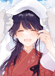  admiral_(kancolle) anchor_symbol black_hair blush bridal_veil commentary_request facing_viewer female gloves houshou_(kancolle) japanese_clothes kantai_collection karomura kimono long_hair open_mouth pink_kimono ponytail pov solo tasuki twitter_username upper_body veil 