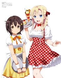  2girls :d absurdres blonde_hair blue_eyes bow bowtie braid brown_eyes brown_hair cake clothes_lift collarbone crossed_bangs food frilled_sleeves frills hair_between_eyes hair_ornament hairclip high_school_fleet highres holding holding_tray irako_mikan jiang_yifan long_hair mc_axis multiple_girls official_art open_mouth orange_bow orange_bowtie orange_skirt parfait puffy_sleeves red_bow red_bowtie red_skirt scan shirt short_hair short_sleeves sidelocks simple_background skirt skirt_lift smile spoon standing star_(symbol) star_hair_ornament teeth tray upper_teeth_only waitress white_background white_shirt wilhelmina_braunschweig_ingenohl_friedeburg 