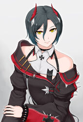  asymmetrical_jacket azur_lane bare_shoulders black_hair black_jacket breast_strap cross female grey_background horns iron_cross jacket mechanical_horns pazuzu438 red_horns short_hair simple_background slit_pupils solo ulrich_von_hutten_(azur_lane) yellow_eyes 