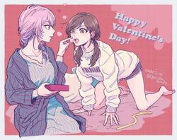  2girls all_fours asahina_yui barefoot blue_eyes brown_eyes brown_hair eye_contact feeding happy_valentine heart highres kousaka_rei la_corda_d&#039;oro la_corda_d&#039;oro_starlight_orchestra long_sleeves looking_at_another multiple_girls open_mouth pajamas peggy_(pixiv9540913) pink_hair pink_nails red_background ribbon shirt shorts sweater white_shirt yellow_ribbon yuri 