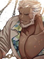  1boy aegir_(housamo) alternate_costume bara beard blue_eyes blurry blurry_background brk_603 chains commentary_request dark-skinned_male dark_skin facial_hair grin hawaiian_shirt highres korean_commentary large_pectorals looking_at_viewer male_focus mature_male muscular muscular_male open_clothes partially_unbuttoned pectoral_cleavage pectorals shirt short_hair short_sleeves simple_background smile smirk solo tokyo_afterschool_summoners upper_body white_hair 