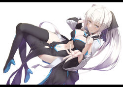  black_bow black_dress black_footwear blue_eyes boots bow braid breasts center_opening cleavage dress fate/grand_order fate_(series) female grey_hair hairbow half_up_braid highres large_breasts long_hair long_sleeves looking_at_viewer morgan_le_fay_(fate) navel okina_(805197) pelvic_curtain ponytail sidelocks smile solo stomach_tattoo tattoo thigh_boots two-tone_dress very_long_hair white_dress wide_sleeves 