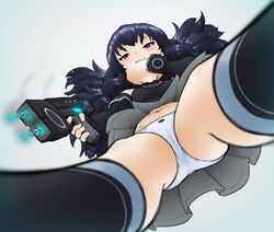  alloyrabbit black_gloves black_hair black_thighhighs breasts cameltoe female flat_chest from_below giant giantess gloves highres long_hair looking_at_viewer neptune_(series) panties red_eyes smile solo thighhighs twintails underwear uni_(neptunia) white_panties 