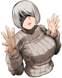  2b_(nier:automata) bakkanki black_blindfold blindfold breasts covered_eyes cropped_torso duplicate female grey_hair hands_up highres large_breasts mole mole_under_mouth nier:automata nier_(series) open_hands pixel-perfect_duplicate ribbed_sweater short_hair smile sweater turtleneck upper_body white_background 