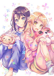  2girls :d bang_dream! black_hair blonde_hair blue_eyes blue_legwear blue_pants blush character_doll commentary_request drawstring floral_background frilled_legwear grey_jacket hair_ornament hairclip hand_on_own_knee highres holding holding_stuffed_toy hood hood_down hooded_jacket jacket knees_up long_hair long_sleeves looking_at_viewer medium_hair michelle_(bang_dream!) multiple_girls okusawa_misaki open_mouth pajamas pants pink_sweater shorts sitting smile socks stuffed_animal stuffed_sheep stuffed_toy sweater takitarou tsurumaki_kokoro yellow_eyes yellow_shorts 