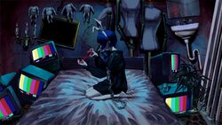  afternooners barefoot bed blue_hair chain_around_arm chains female from_side hair_ribbon headband highres indie_utaite long_sleeves on_bed ribbon seiza short_hair sink sitting solo string television test_card unnamed_girl_(x0o0x) utaite 