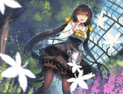  dress female frilled_dress frilled_skirt frills greenhouse hair_between_eyes hair_ornament hair_ribbon hairclip hand_on_own_face highres long_hair open_mouth original pantyhose ribbon skirt smile twintails vierzeck watering_can yellow_eyes yellow_ribbon 