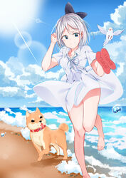  absurdres animal_collar bare_legs beach bird blue_eyes canine closed_eyes cloud collar day dress female highres lens_flare ocean original outdoors sand sandals smile summer white_dress white_hair yro_(user_hwfa3732) 