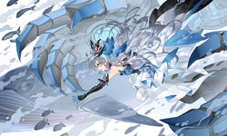  bare_shoulders black_gloves blue_whale bronya_zaychik bronya_zaychik_(herrscher_of_reason) drill_hair elbow_gloves female fish ginklaga gloves grey_eyes grey_hair hair_between_eyes hair_ornament highres honkai_(series) honkai_impact_3rd long_hair looking_to_the_side open_mouth project_bunny skirt solo twin_drills whale white_background white_skirt 