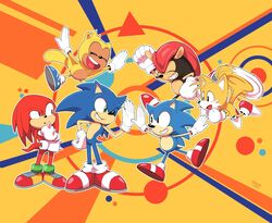  6+boys :d :o black_eyes closed_eyes dual_persona flying fox_boy furry gloves green_eyes grin happy high_five highres knuckles_the_echidna male_focus michiyoshi mighty_the_armadillo multiple_boys open_mouth ray_the_flying_squirrel red_footwear shoes smile sneakers sonic_(series) sonic_mania sonic_the_hedgehog sonic_the_hedgehog_(classic) squirrel_boy tail tails_(sonic) white_gloves 