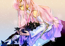  blue_eyes dress elbow_gloves female gloves gundam gundam_seed hair_ornament hairclip jtr kneeling lacus_clyne long_hair pink_hair smile solo white_dress 