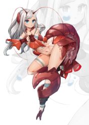  absurdres antennae aqua_eyes bare_shoulders closed_mouth commentary_request expressionless female full_body grey_hair highres lobster_girl long_hair monster_girl navel original shitoi_(aqua1487) simple_background solo tail 