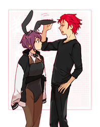  1boy animal_ears bishounen_series black_gloves black_leotard black_pants black_shirt bow bowtie breasts brown_pantyhose detached_collar doujima_mayumi elbow_gloves eye_contact fake_animal_ears female fukuroi_mitsuru gloves hand_up highres hinata_(ryohinata) jacket leotard looking_at_another open_mouth pants pantyhose purple_hair red_hair shirt short_hair small_breasts standing tiara white_background 