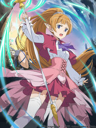  2girls :o aiz_wallenstein blonde_hair blue_eyes blunt_bangs brown_hair capelet commentary company_name dated dress dungeon_ni_deai_wo_motomeru_no_wa_machigatteiru_darou_ka elf garter_straps holding holding_staff holding_sword holding_weapon lefiya_viridis magic multiple_girls official_art outdoors pink_dress pointy_ears red_capelet staff sword sword_oratoria teria_saga weapon white_legwear windy4th 