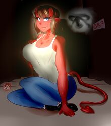  2020 big_breasts blue_eyes breasts brown_hair cev clothed clothing demon demon_humanoid digital_media_(artwork) fangs female hair hi_res horn horned_humanoid humanoid humanoid_pointy_ears humanoid_tail id_number looking_at_viewer not_furry number red_body red_skin scp-087 scp_foundation smile solo spade_tail stairs tail teeth 