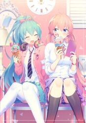  2girls alternate_hairstyle aqua_hair aqua_nails aqua_skirt black_socks blue_eyes blue_nails bow bowtie breasts cellphone chair clock commentary_request facing_another feet_out_of_frame food food_on_face hachune_miku hatsune_miku headphones headphones_around_neck heart holding holding_food holding_phone houkago_mode_(module) jacket kneehighs lamp light_blush long_hair looking_at_another medium_breasts megurine_luka multiple_girls nail_polish necktie open_mouth phone pink_hair pink_jacket pleated_skirt ponytail project_diva_(series) purple_skirt ribbon_girl_(module) school_uniform shirt sinaooo sitting skirt smile socks striped_bow striped_bowtie striped_clothes striped_necktie takoluka thighhighs twintails very_long_hair vocaloid white_legwear white_shirt window 