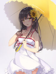  bare_shoulders breasts collarbone dandelion dress female flower hair_between_eyes hair_flower hair_ornament hand_on_own_chest highres holding holding_umbrella long_hair original parasol red_ribbon ribbon sunflower umbrella vierzeck white_dress yellow_eyes 