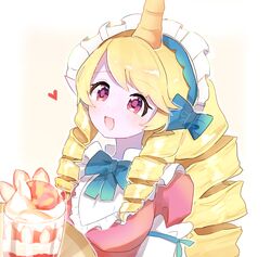  :d blonde_hair blush bow bowtie breasts cafe_cuties_(league_of_legends) cafe_cuties_soraka colored_skin commentary detached_sleeves drill_hair female food green_bow green_bowtie hairbow heart horns league_of_legends long_hair long_sleeves maid maid_headdress pink_eyes pink_hair pink_shirt pink_skin pointy_ears samiya_(samiyaan) shirt single_horn smile solo soraka_(league_of_legends) symbol-only_commentary upper_body white_sleeves 