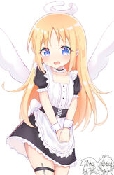  1other 2boys alternate_costume angel angel_wings apron black_dress blonde_hair blue_eyes blush braid broken_halo chibi chibi_inset chinese_commentary commentary_request crimvael dress enmaided feathered_wings frilled_apron frills hair_ornament halo highres ishuzoku_reviewers long_hair maid maid_apron mixed-language_commentary multiple_boys open_mouth parted_bangs partial_commentary pointy_ears puffy_short_sleeves puffy_sleeves satori_(ymoy) short_sleeves simple_background solo_focus stunk tears thigh_strap very_long_hair wavy_mouth white_apron white_background white_wings wings x_hair_ornament zel_(ishuzoku_reviewers) 