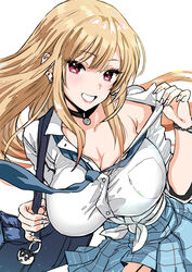  bag bag_charm black_choker blonde_hair blue_necktie blue_skirt bracelet breasts charm_(object) choker cleavage earrings female fingernails grin gyaru hand_up highres jewelry kitagawa_marin kogal kojima_saya large_breasts leaning_forward looking_at_viewer miniskirt nail_polish necktie nikaidou_shion pink_eyes pink_nails pleated_skirt school_uniform shirt shoulder_bag simple_background skirt smile solo sono_bisque_doll_wa_koi_wo_suru tied_shirt white_background white_shirt 