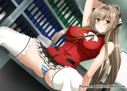  aiguillette amagi_brilliant_park antenna_hair arm_up artist_name bare_shoulders black_skirt blue_panties blush bookshelf breasts brown_eyes brown_hair closed_mouth commentary_request female hair_intakes hair_ribbon hellandheaven large_breasts leaning_back long_hair looking_at_viewer miniskirt panties patreon_username pleated_skirt ponytail red_vest ribbon sento_isuzu sitting skirt solo spread_legs striped_clothes striped_panties thighhighs thighs underwear upskirt vest white_thighhighs 