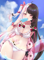  absurdres ass_visible_through_thighs bikini black_bow black_hair blue_sky bow breasts cleavage day female food frilled_bikini frills gari_gari-kun grey_hair hair_ornament hairbow highres holding holding_food innertube long_hair looking_at_viewer medium_breasts men_ta_pasudai multicolored_hair navel nijisanji ocean outdoors popsicle rabbit_hair_ornament red_bow red_eyes sky solo stomach summer swim_ring swimsuit thigh_gap thighs two-tone_hair very_long_hair virtual_youtuber wading white_bikini white_bow yorumi_rena yorumi_rena_(7th_costume) 