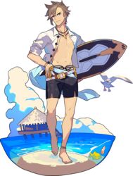  1boy anchor_symbol ankleband artist_request barefoot beach belt bird blue_eyes blue_ribbon bracelet brown_hair closed_mouth cloud clownfish collarbone day fish full_body groin hand_on_own_hip happy highres holding holding_surfboard jewelry leg_up legs looking_at_viewer male_focus male_swimwear navel necklace non-web_source ocean official_art open_clothes open_shirt outdoors razelt_(world_flipper) ribbon sand seagull shirt short_hair short_sleeves sidelocks sleeves_rolled_up smile solo standing standing_on_one_leg stilt_house stomach surfboard swim_trunks thumb_in_beltline toned toned_male transparent_background v-shaped_eyebrows walking water white_shirt world_flipper 