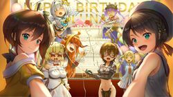  6+girls ahoge aki_rosenthal aki_rosenthal_(1st_costume) amane_kanata amane_kanata_(1st_costume) android angel angel_wings arm_up balloon bare_shoulders baseball_cap beret bibi_(tokoyami_towa) birthday_cake black_hair black_jacket blonde_hair blue_bow blue_bowtie blue_hair blunt_bangs blush bow bowtie braid brown_hair cake camouflage camouflage_jacket cleavage_cutout clothing_cutout colored_inner_hair cropped_jacket curled_horns detached_sleeves dragon_girl dress fake_horns feathered_wings flying food fur-trimmed_dress fur-trimmed_sleeves fur_trim glasses green_eyes grey_hair hair_between_eyes hair_ornament hair_ribbon hairclip halo happy_birthday hat highres hololive horns jacket kiryu_coco kiryu_coco_(1st_costume) long_hair long_sleeves looking_at_viewer multicolored_hair multiple_girls natsuiro_matsuri natsuiro_matsuri_(1st_costume) no_pants oozora_subaru oozora_subaru_(work) open_mouth orange_hair party_popper pov purple_hair ribbon roboco-san roboco-san_(1st_costume) sheep_girl sheep_horns shirt short_hair short_shorts short_sleeves shorts side_braid side_ponytail sidelocks single_braid sleeveless sleeveless_shirt smile star-shaped_eyewear star_(symbol) streaked_hair thumbs_up tokoyami_towa tsunomaki_watame tsunomaki_watame_(1st_costume) turtleneck twintails virtual_youtuber wings yamasan_ossan 