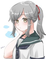  blue_sailor_collar brown_eyes commentary_request female grey_hair hand_on_own_face highres kantai_collection long_hair looking_at_viewer sailor_collar school_uniform serafuku sidelocks simple_background solo tsukimura_(d24f4z8j3t) twitter_username upper_body usugumo_(kancolle) white_background 